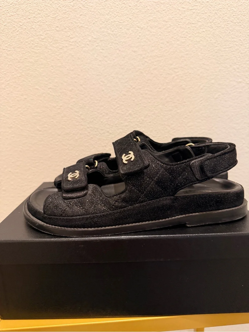 CHANEL Suede Kidskin Glitter Crystal Velcro Dad Sandals 39 Black Silver